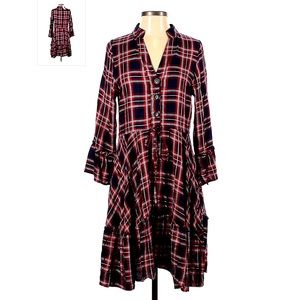 Annabella red black checked dress V-neck ruffle long sleeve button front size S